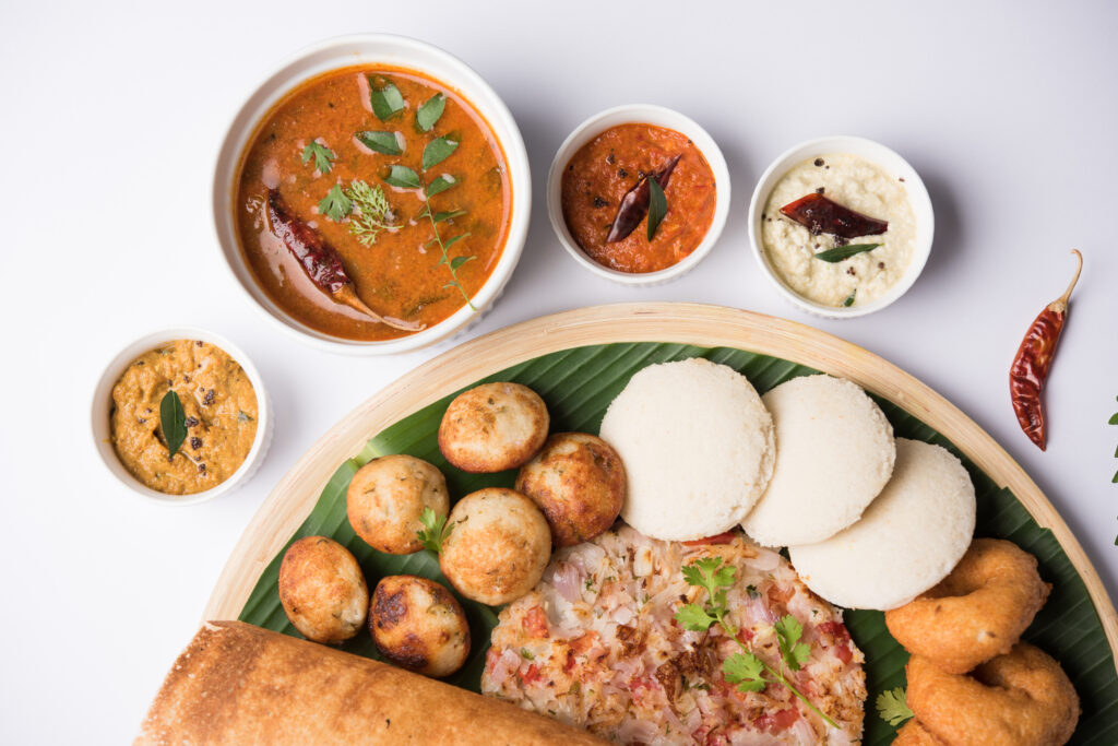 Modern Indian meal with rice and vegetables